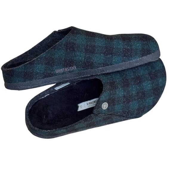 Birkenstock Zermatt Black Shearling Wool Felt Plaid Green - Picture 3 of 11